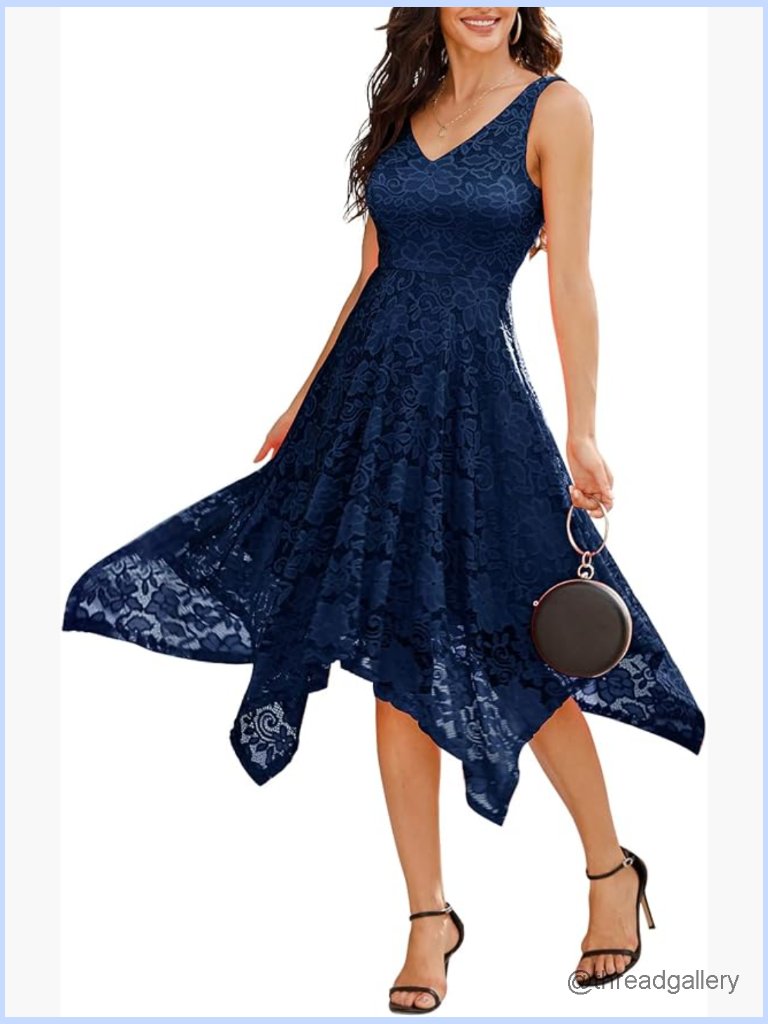 V-Neck Lace Midi Dress Handkerchief Hem Sleeveless Cocktail Party